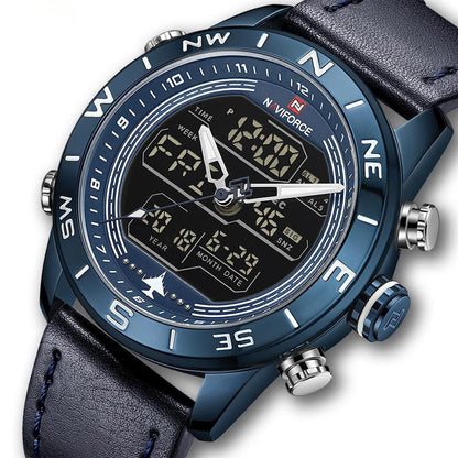 Montre homme NAVIFORCE Lingxiang 9144 bleu avec bracelet cuir et cadran digital et analogique.